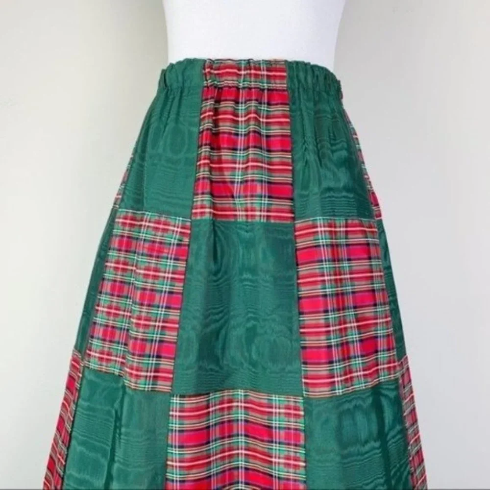 Vintage 70s Green & Red Plaid Satin Patchwork Maxi A-Line Skirt by Mr. Hank - Picture 3 of 8